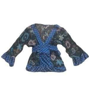 Halee Bob S Floral Sheer Blouse with Blue Accents